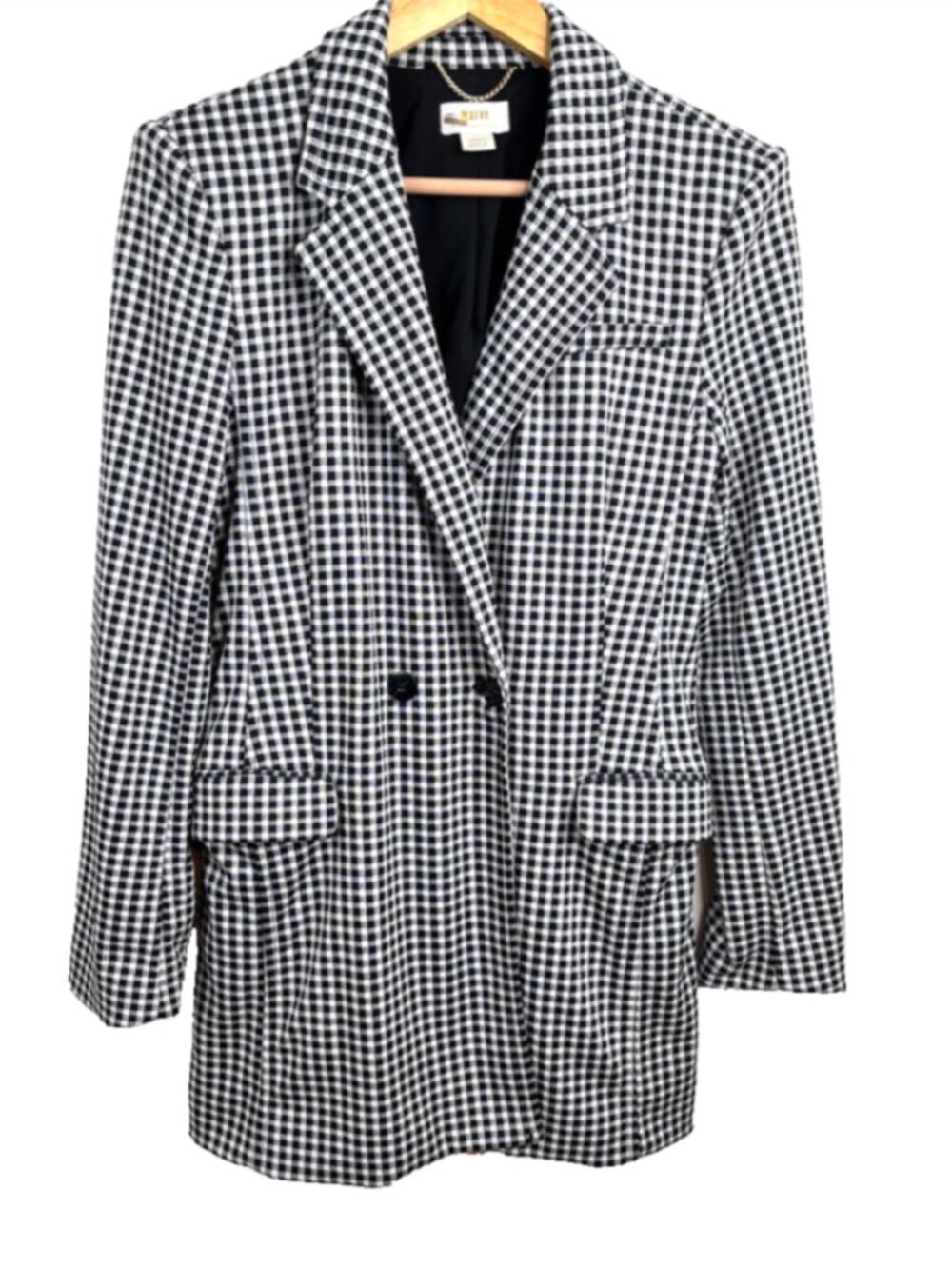 Maeve Anthropologie Long Blazer S Black White Gingham Oversized Double Breasted
